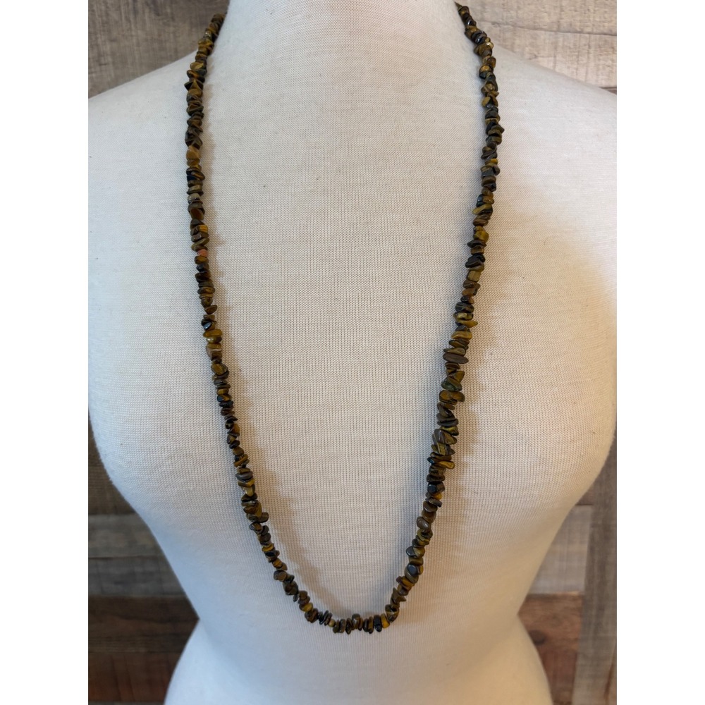 Vintage Tigers Eye Chip Bead Necklace 36 Inch Continuous Strand Brown Gold Boho